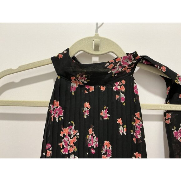 Elle Pleated Halter Top Size XL With Neck Tie For Bow Black Floral Print Lined - Picture 2 of 11